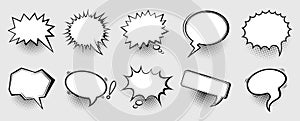Set of speech bubbles with black halftone shadow effects. Vector