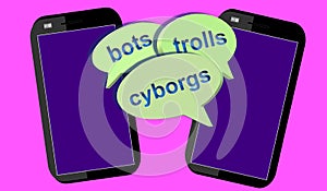 A set of speech bubbles. Bots, haters, trolls, cyborgs, disinformation, half-truths and misinformation in dialog balloons. Illustr