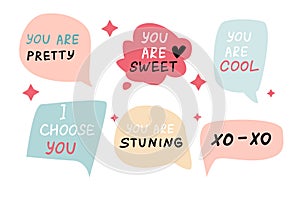 Set of Speech bubbles with compliment phrases, self love quotes