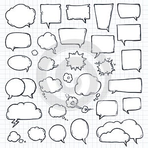 Set of speech bubbles notepad sheet paper with shadow. doodle or cartoon, sketch drawing call-outs set, communication design