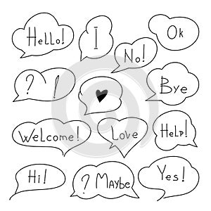A set of speech bubbles with text hand-drawn in black marker on white in the style of doodle, comic