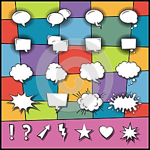 Set of speech cartoon bubbles in pop art style on abstract background vector icon in a flat design