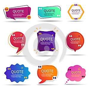 Set of speech quote text box of gradient color. Template of geometric badge with circle shape. Remark dialog, citation bubble for