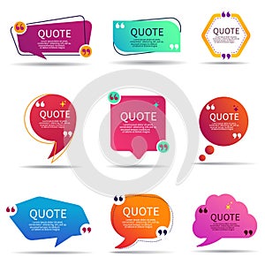 Set of speech quote text box of gradient color. Template of geometric badge with circle shape. Remark dialog, citation bubble for