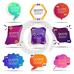 Set of speech quote text box of gradient color. Template of geometric badge with circle shape. Remark dialog, citation bubble for photo