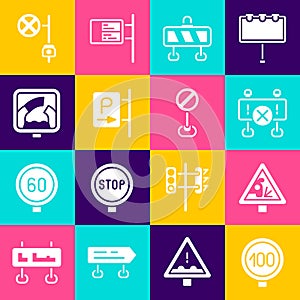 Set Speed limit traffic, Warning road sign, Road barrier, Parking, Drawbridge ahead, Stop with camera and icon. Vector