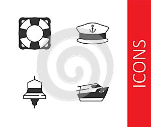 Set Speedboat, Lifebuoy, Ship bell and Captain hat icon. Vector