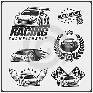 Set of speeding racing cars. Vector.Set of Racing club emblems, labels and design elements. Speeding racing cars illustrations.
