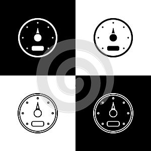 Set Speedometer icon isolated on black and white background. Vector