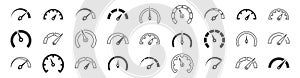 Set of speedometer, tachometer icons. Dashboard speedometer icons. Performance indicator sign. Vector illustration