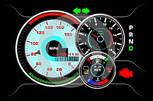 set of speedometers for dashboard analog device for speed. car interior speedometer control. futuristic speedometer car.