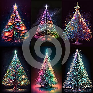 Set of sperkling Christmas trees on black background for greeting cards