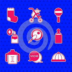 Set Sperm, Speech bubble mom, Baby hat, bottle, Breast pump, Rattle baby toy and socks icon. Vector