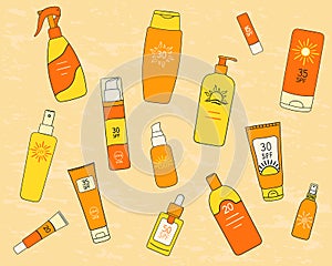 Set of SPF bottles, tubes on sand background. Sunscreen protection and sun safety. Sunscreen cream, lotion isolated collection.