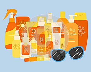 Set of SPF bottles, tubes stand together with sunglasses. Sunscreen protection and sun safety. Sunscreen cream, lotion, spray