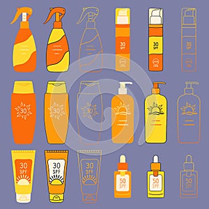 Set of SPF bottles, tubes. Sunscreen protection and sun safety. Sunscreen cream, lotion isolated collection. Protection against