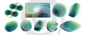 Set of sphere, oval, spiral and other forms. Abstract wavy background with dynamic effect. Rotation and swirling movement.