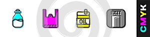 Set Spice in can, Paper shopping bag, Bottle of olive oil and Fire exit icon. Vector