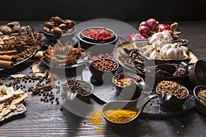 Set of spices for cooking various dishes Placed on a wooden floor.