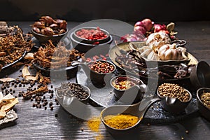 Set of spices for cooking various dishes Placed on a wooden floor.