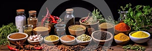 Set of Spices and herbs for cooking. Small bowls with colorful seasonings and spices, basil, pepper, saffron, salt, paprika,