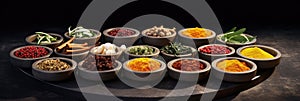 Set of Spices and herbs for cooking. Small bowls with colorful seasonings and spices, basil, pepper, saffron, salt, paprika,