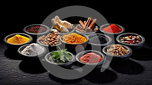 Set of Spices and herbs for cooking. Small bowls with colorful seasonings and spices, basil, pepper, saffron, salt, paprika,