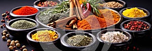 Set of Spices and herbs for cooking. Small bowls with colorful seasonings and spices, basil, pepper, saffron, salt, paprika,