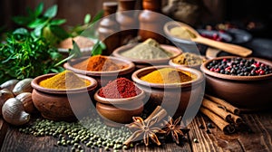 Set of Spices and herbs for cooking. Small bowls with colorful seasonings and spices, basil, pepper, saffron, salt, paprika,