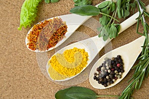 Set of spices and herbs on a corkwood