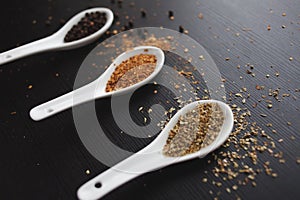 Set spices in measuring spoon. Cooking and seasoning for taste