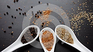 Set spices in measuring spoon. Cooking and seasoning for taste