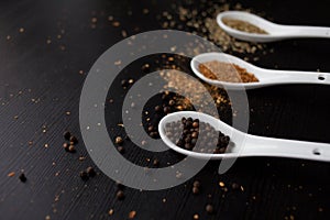 Set spices in measuring spoon. Cooking and seasoning for taste