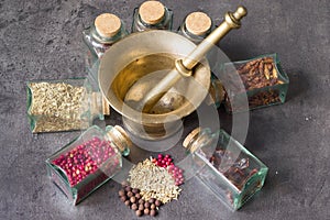 Set of spices with a mortar