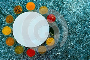 A set of spices and sauces laid out around a white empty plate. Indian cuisine Pepper, salt, paprika, curry, basil, mustard, nutm