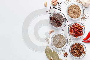 Set of spices, top view, mockup, copy space