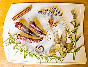 Set of spices on white background, pepper, rosemary, lavender, mint, bay leaf