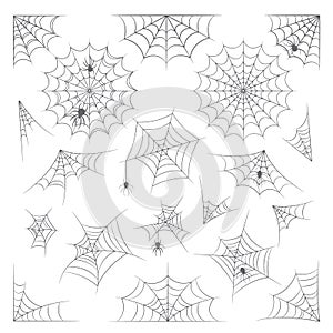 Set of Spider Web, Cobweb for Halloween Decoration, Isolated Collection on White Background. Scary Spiderwebs, Spiders