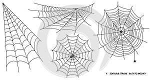 Set of spider web or spider home insect or small spider in the web concept.   editable stroke - eps 10 vector