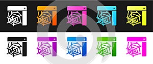 Set Spider web icon isolated on black and white background. Cobweb sign. Happy Halloween party. Vector