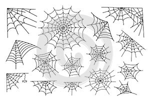 Set of spider web and little hanging spider simple hand drawn vector outline illustration of doodle fancy Halloween scary decor