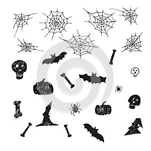 Set of spider web silhouette and pupmkins, spiders, bones, hats, skulls and bats, on the white background. Hand