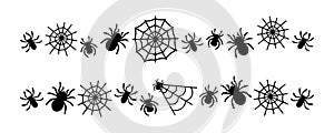 Set spiders and cobwebs border lines. Traditional Halloween decorative elements. Halloween spiders and spider web lines