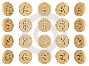 Set of spinning gold coins in many views rotate in different angles