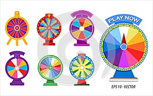 set of spinning whells or roulette fortune in flat icon concept.