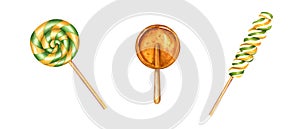 Set of spiral lollipops on stick. Round caramel with striped swirls, sugar candy. Fruit bonbons, hard candies