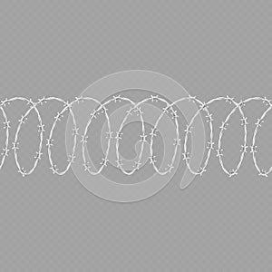 Set of spiral shape barbed wire isolated on transparent background. Horizontal seamless pattern with twisted barbwire