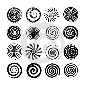 Set of spiral and swirl motion elements. Black isolated objects, icons. Different brush textures, vector illustrations.