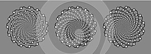 Set of spiral vector patterns circles, curves, dots on a white background. Isolated sample. Black and white, monochrome