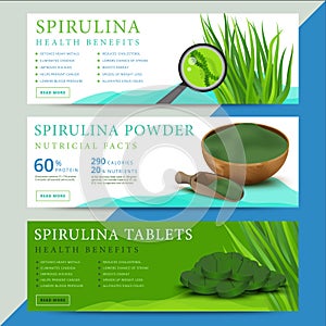 Set of spirulina algae information website or social media banner photo